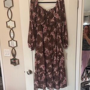 Rewind Brown and Pink Floral Long Sleeve Dress
